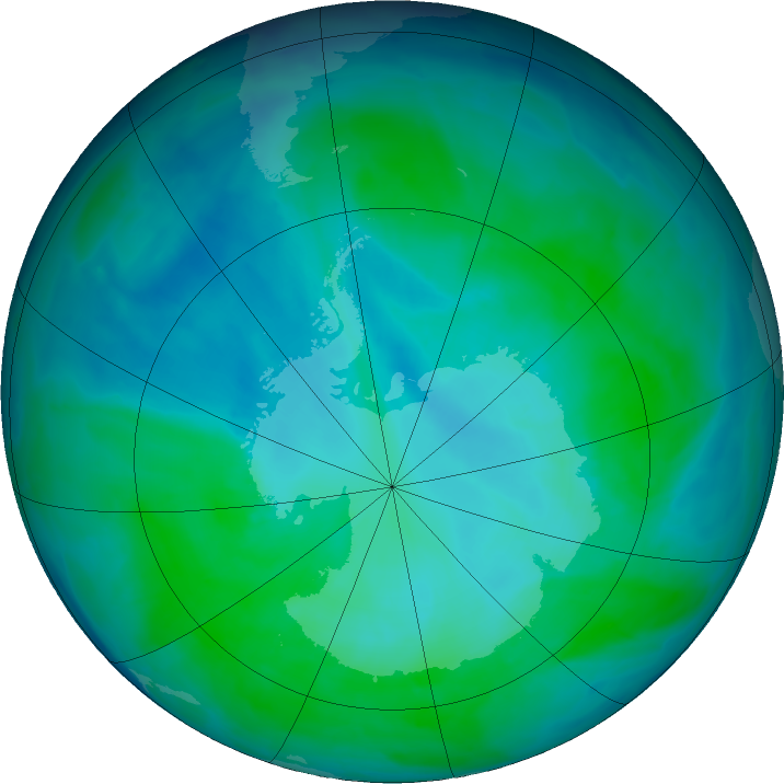 Antarctic ozone map for 12 January 2016